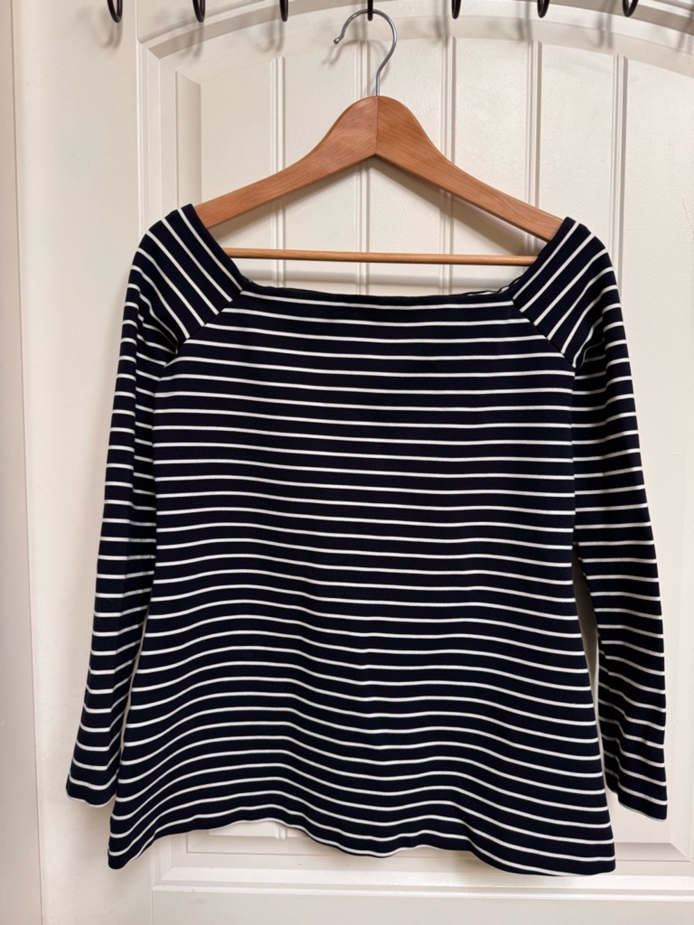 Dejcuba Navy and Blue Striped Wide Boat Neck Top. Size S